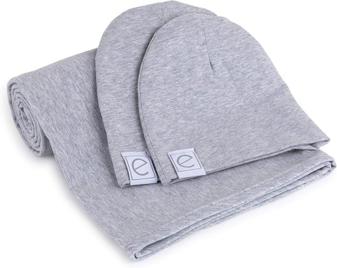 Ely's & Co. Large Cotton Knit Jersey Swaddle Blanket and 2 Beanie Gift Set, Heather Grey Receiving Blanket