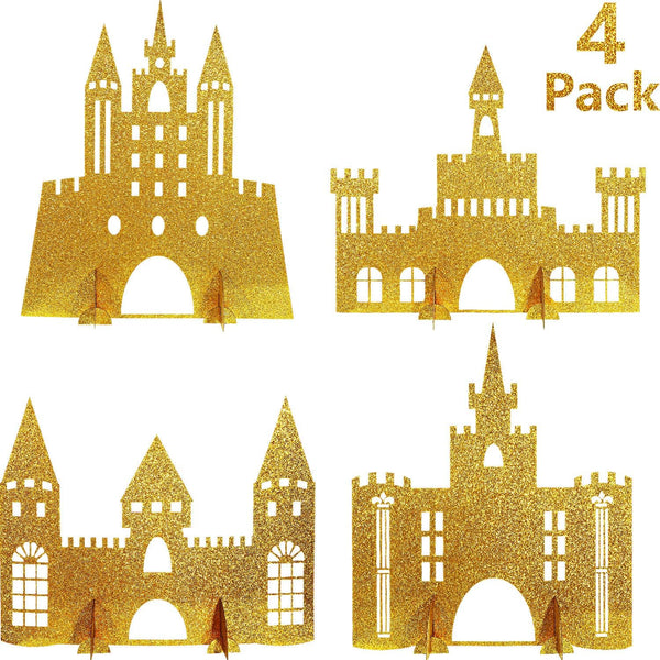 Gejoy 4 Pieces Castle Table Centerpiece, Glitter Princess Theme Decorations for Birthday Baby Shower Party