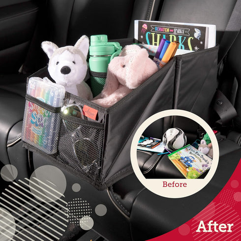 9 Lusso Gear Car Seat Organizer - Built-In Car Cup Holders & Mesh Pockets - Foldable Back Seat Organizer with Handles