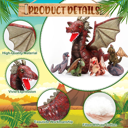 Deekin 7 Pcs Dragon Toy Set, 16 Inch Large Dragon Stuffed Animal with 4 Cute Baby Plush Dragons and 2 Eggs