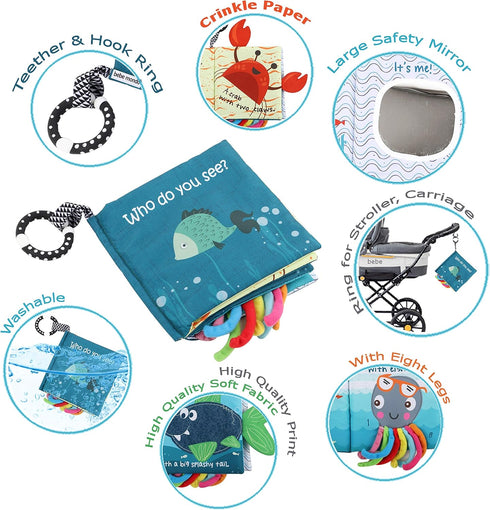 Baby Books Toys, Touch and Feel Cloth Soft Crinkle Books for Babies,Toddlers Infant,Early Learning Infant Tummy Time Sensory Toys,Baby Books 0-6 6 to 12 Months,Baby Gifts (with Gift box) & Teether