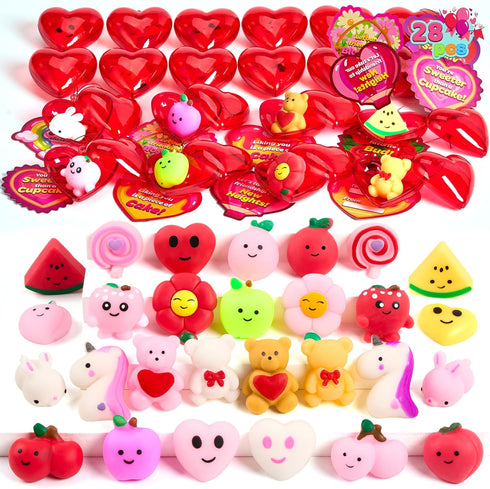 JOYIN 28 Packs Valentine's Day Heart Gift Cards with Mochi Squishy Toys