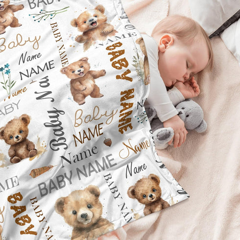 Novusopt Personalized Floral Bear Baby Blanket with Custom Name for Girls, Receiving Blanket for Newborn, Nursery Kids