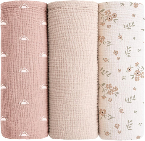 Konssy Muslin Swaddle Blankets for Baby Girls Boys, 3 Pack Receiving Blanket