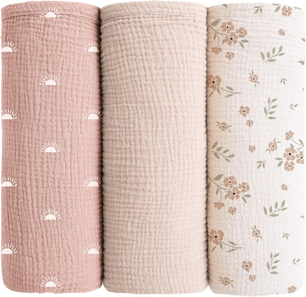 Konssy Muslin Swaddle Blankets for Baby Girls Boys, 3 Pack Receiving Blanket