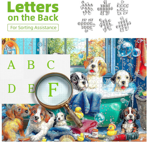 500 23x15 Inch MINIWAN Piece Jigsaw Puzzle for Adults Seniors, Puppy Bath Time Puzzle with Letter Sorting & Reference