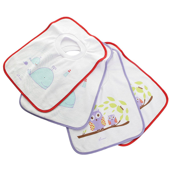 Dreambaby Terry Cloth Cotton Baby Bibs for Teething, Feeding, Drooling - Owl and Whales, Super Absorbent