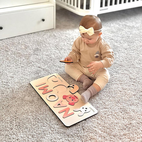 1st 0-3: Cute Name Puzzle: Personalized with Name and Animals | Birthday Gift, Wooden Toy Playful Learning Experience