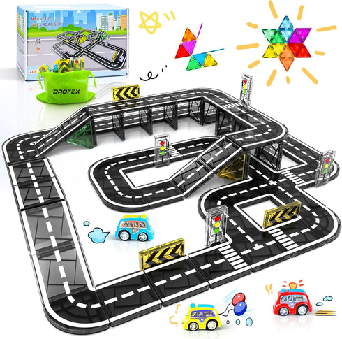 Drofex 82pcs Magnetic Tiles Road, Magnetic Building Blocks Construction Toys for 3+Year