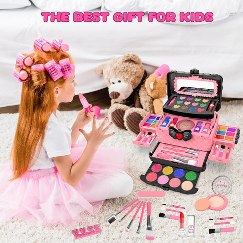 54 Pcs Kids Makeup Kit for Girls - Real Washable Pretend Play Cosmetic Set with Mirror, Safe Birthday Gift (Pink)