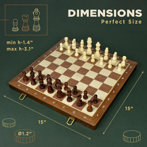 15-Inch Magnetic Chess Set - 2 in 1 Chess and Checkers Board Game for Adults and Kids, Tournament Chessboard