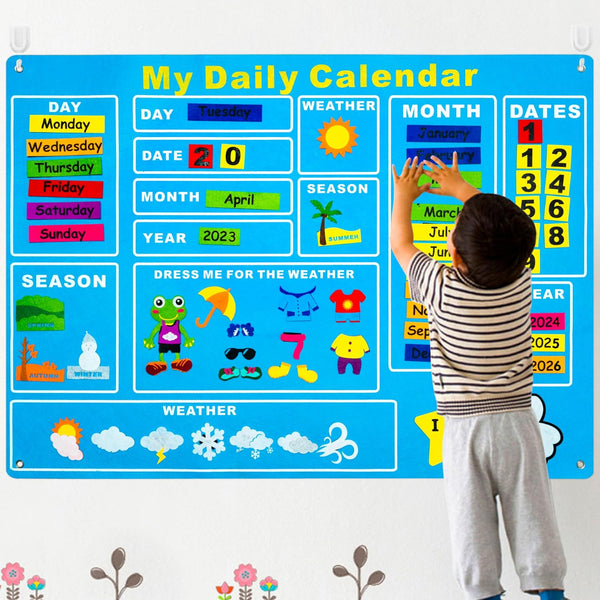 WATINC My First Daily Calendar Felt-Board for Kids, 3.5Ft 70Pcs Funky Frog Weather Season Chart for Preschool Learning