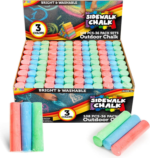 JOYIN 108 PCS Sidewalk Chalk Set in 36 Count, Non-Toxic Jumbo Washable Driveway Chalk for Outdoor Art Play