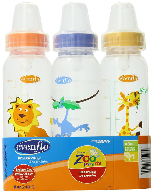 Evenflo Zoo Friends 3 Count Standard Nipple Bottle, 8 Ounce (Colors May