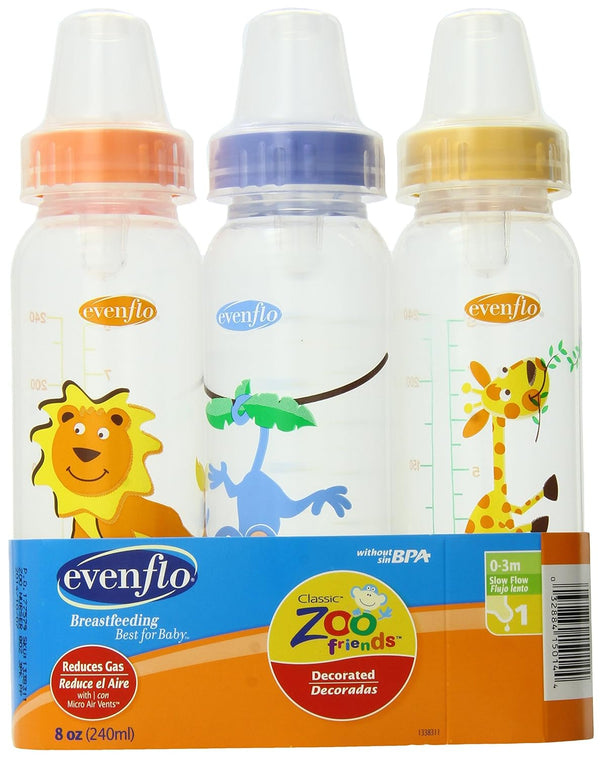 Evenflo Zoo Friends 3 Count Standard Nipple Bottle, 8 Ounce (Colors May