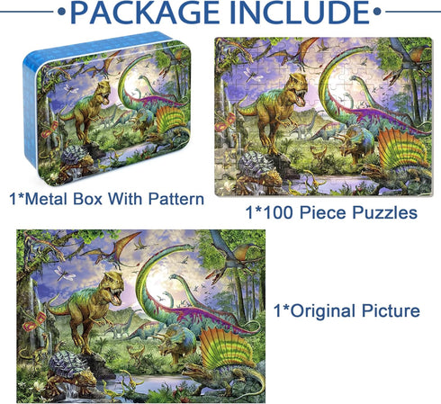 LELEMON 100 Piece Dinosaur Puzzles for Kids Ages 4-8, Educational Jigsaw Puzzles in a Metal Box