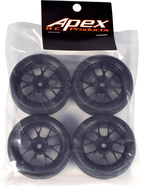 Apex RC Products 1/10 On-Road Black Mesh Wheels, V Tread Rubber Tires (Set of 4) #5002