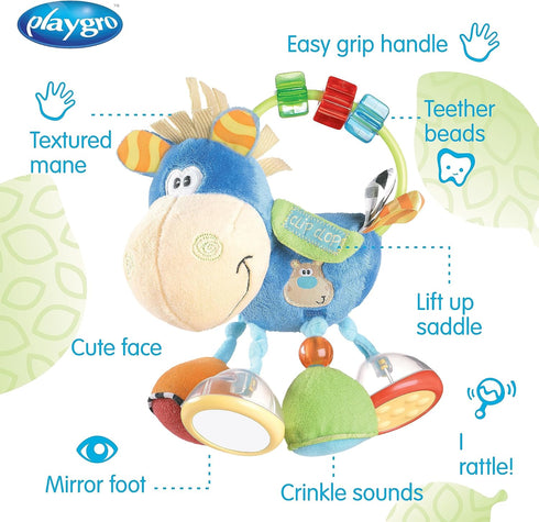 Playgro Horse Soft Baby Toys 3-6-12 months developmental, 3+ Months Rattles Teething Toys for Babies, Newborn & Infant Sensory Non-Toxic Plush Baby Rattle for Boy Girl with Clip Clop Activity Gift