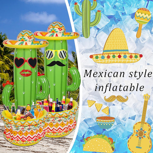55" Summer Swimming Triumpeek Inflatable Cactus Cooler, Fiesta Cactus Ice Bucket Wearing Sombreros for Pool Hawaiian