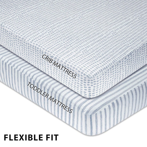 Ely’s & Co. Waterproof Crib Toddler Bed Sheet 2-Pack Set for Baby Boy - 100% Cotton, Misty Blue Stripes