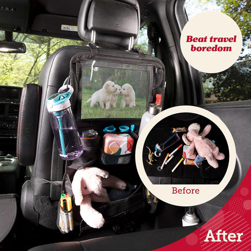 12 Lusso Gear Backseat Car Organizer- Kick Mat Protects Against Kids Feet - Large Storage Pockets - iPad,Tablet, Water