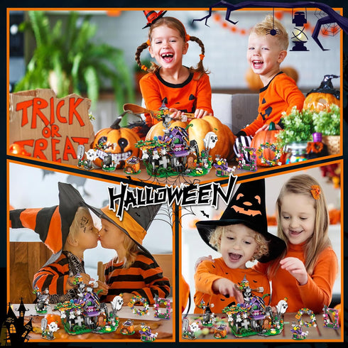 Halloween Haunted House Village Building Set for Kids, Ghost Pumpkin Building Kit for Party Favors, Ages 6+