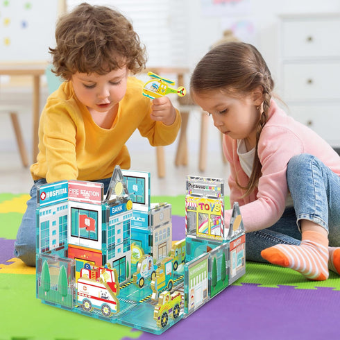 Set 8 3 PTQ14 PicassoTiles Metro City Hospital Magnetic Tile Building with Vehicles and Figures Educational Magnet