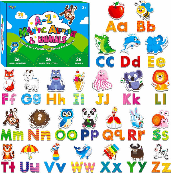 78 Magnetic Alphabet Set, 26 Uppercase, 26 Lowercase Letters & 26 Object Patterns, Educational Spelling Learning Toys