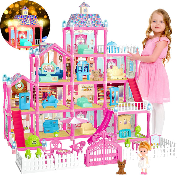 Doll House for Girls, 11 Rooms Dollhouse with Dolls, Puppies, Furniture, LED Light, Toddler Playhouse Gift
