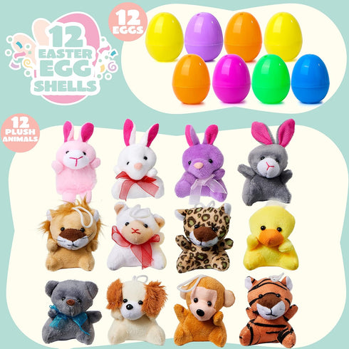 JOYIN 12 Pcs Mini Stuffed Animal Plush Toys, Prefilled Easter Eggs for Kids Egg Hunt & Party Favors