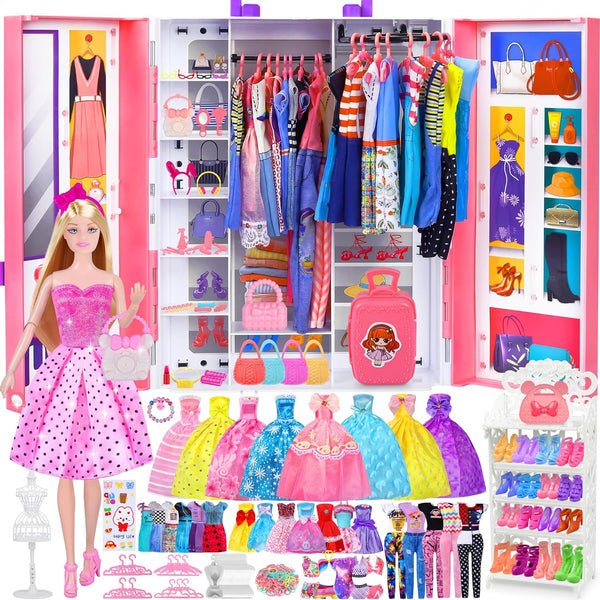 Doll Closet Playset with Doll, 342 Pcs Clothes and Accessories, Princess Dresses, Pants, Swimsuits, and Shoes