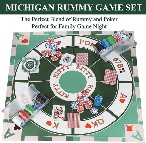 Extguds Rummy Set: 2Boxes (200 Pieces)+1Deck Poker+1Game Rummy Michigan Deluxe Board Game Felt Game Mat + of Playing