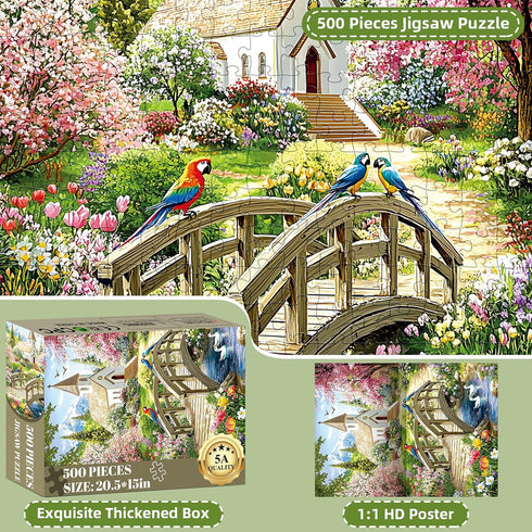 500 Gifts,20.5x15 Puzzles for Adults Pieces,Charming Lakeside Church Puzzle for Adults,Beautiful Flower & Parrot Jigsaw