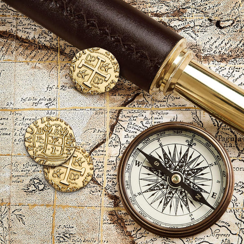 Large Metal Pirate Coins – 35 Gold Treasure Coin Set, Metal Replica Spanish Doubloons for Board Games