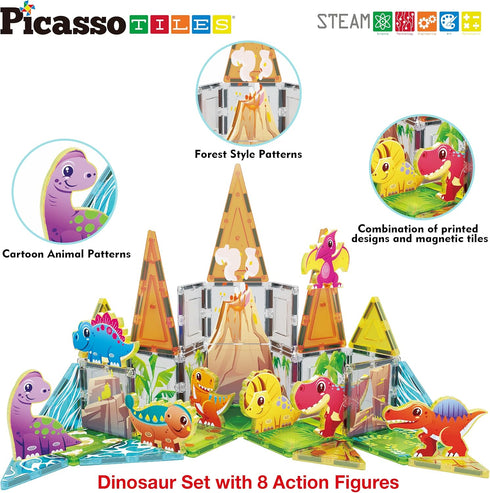 PicassoTiles Magnet Tiles Building Blocks, Dinosaur Theme Set with 8 Magnetized Action Figures, STEM Learning Activities