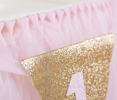 1st Birthday Girl Decorations - High Chair Tutu Skirt with No.1 Crown, Cake Smash Banner, Princess Crown, 'ONE' Cake