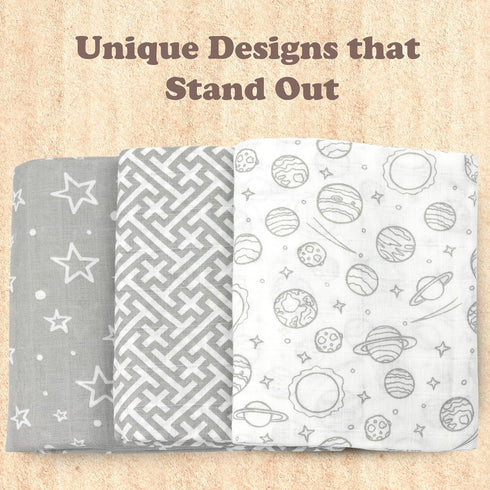 Bublo Baby Muslin Swaddle Blankets - 3-Pack 100% Cotton Receiving Blankets for Boys and Girls - Grey, 47x47 Inches