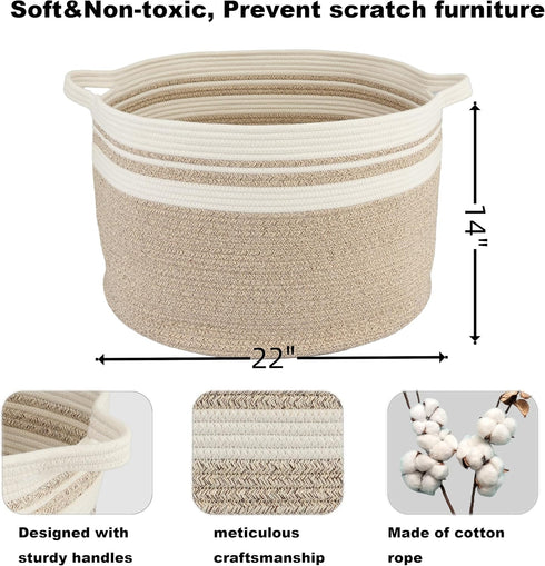 Large Cotton Rope Basket Blankets Basket Living Room 22"x14" Toy Basket for Kids Rope Storage Basket for Nursery Woven Laundry Basket for Clothes Towels Baby Toy Storage round white brown by XUANGUO
