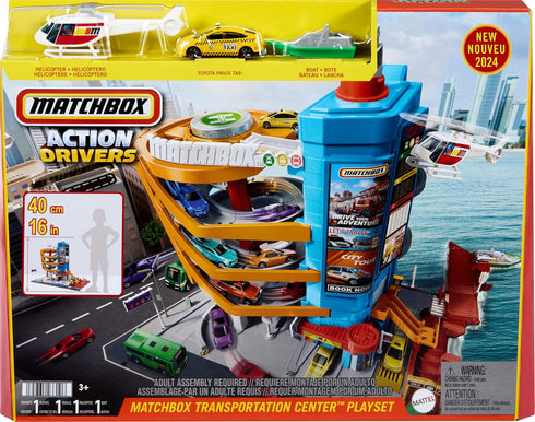 Matchbox Transportation Center Playset, 5 Levels with 1:64 Scale Taxi, Boat, Helicopter & Food Vendor Features