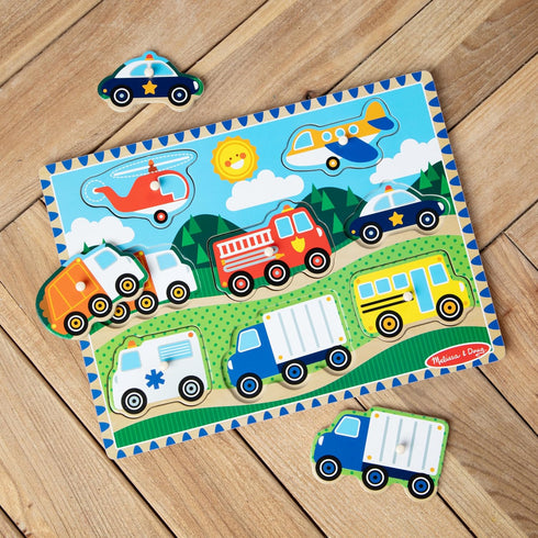 Melissa & Doug Wooden Peg Puzzle, Vehicles (8 pcs)