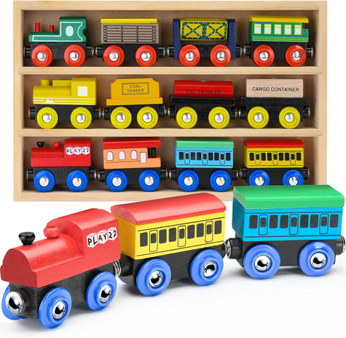 Set 12 Set 3 Sets Play22 Wooden Train PCS - Train Toys Magnetic Includes Engines - Toy Train For Kids Toddler Boys