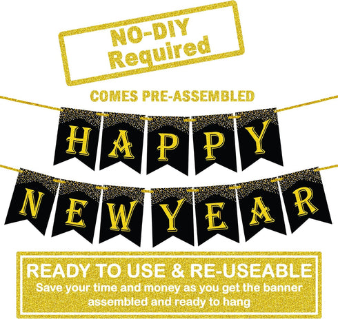 KatchOn Gold and Black Happy New Year Banner - Large 10 Feet Glitter Backdrop for New Years Eve Party Supplies