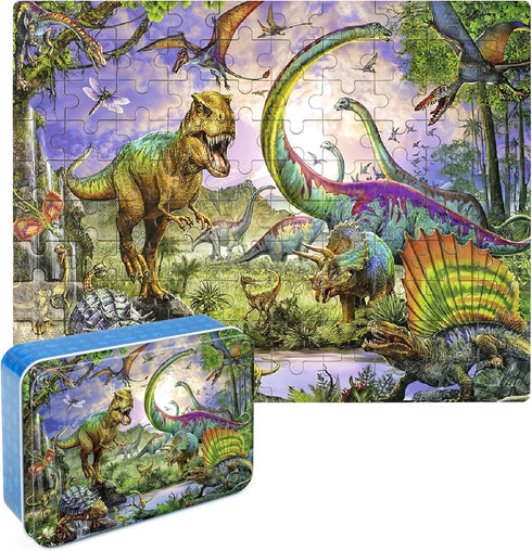 LELEMON 100 Piece Dinosaur Puzzles for Kids Ages 4-8, Educational Jigsaw Puzzles in a Metal Box