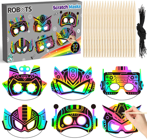 BeYumi Robot DIY Mask Craft - 30Pcs Robots Scratch Mask Gift Set