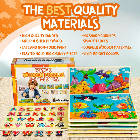 WOOODLIFY 7 Pack 2 3 4 5 7 2-5, Wooden Puzzles for Toddlers Years Old - Colorful Chunky Wood Peg Puzzles for Kids Ages
