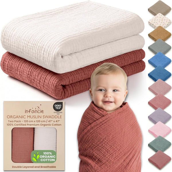 100% Organic Cotton Muslin Baby Blanket - 47 x 47 Inch Breathable