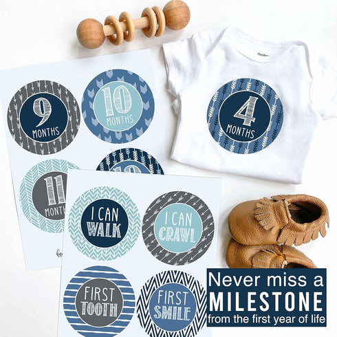 Hadley Designs 16 Monthly Baby Milestone Stickers for Baby Boy - Blue