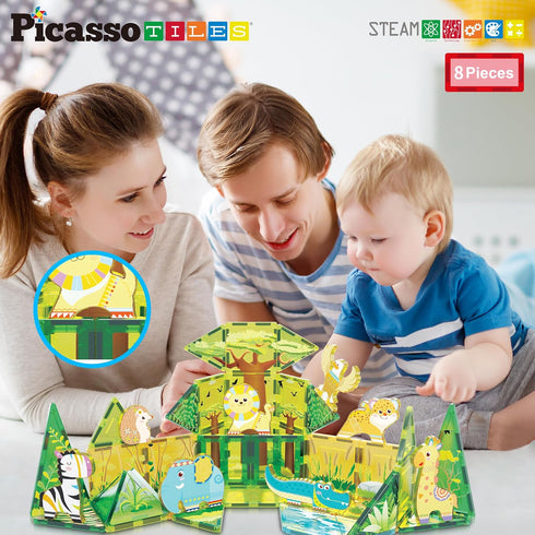 PicassoTiles 8pc Magnet Building Blocks, Safari Animal Magnetized Action Figures, Educational Learning Toyset for Ages
