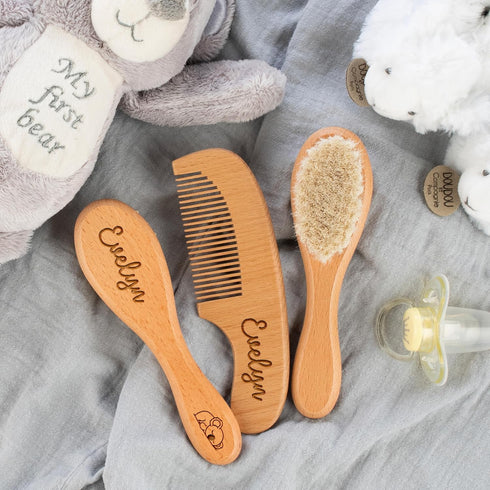 set, Set, Custom Wooden Baby Brush Optional Icons and Fonts, Personalized Wooden Baby Brush and Comb Personalized Baby