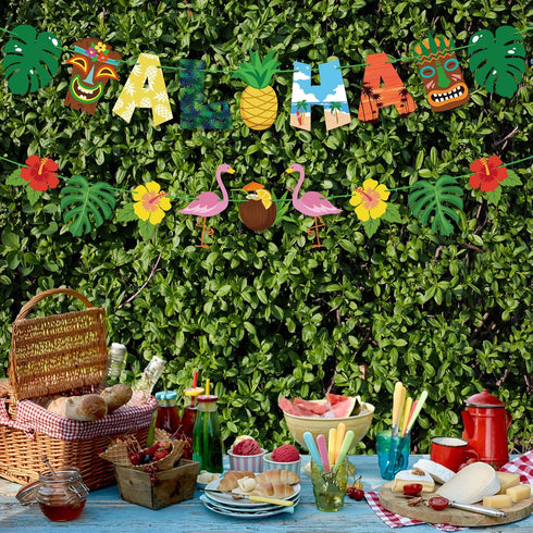Aloha Banner: No DIY Luau Banner for Hawaiian Tropical Theme Summer Beach Pool Party Decorations & Supplies